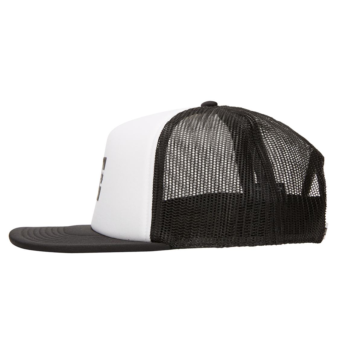 The DC Shoes Men's Gas Station Trucker Hat features a black bill, white front panel, and mesh back for breathability—perfect for skateboarding sessions.