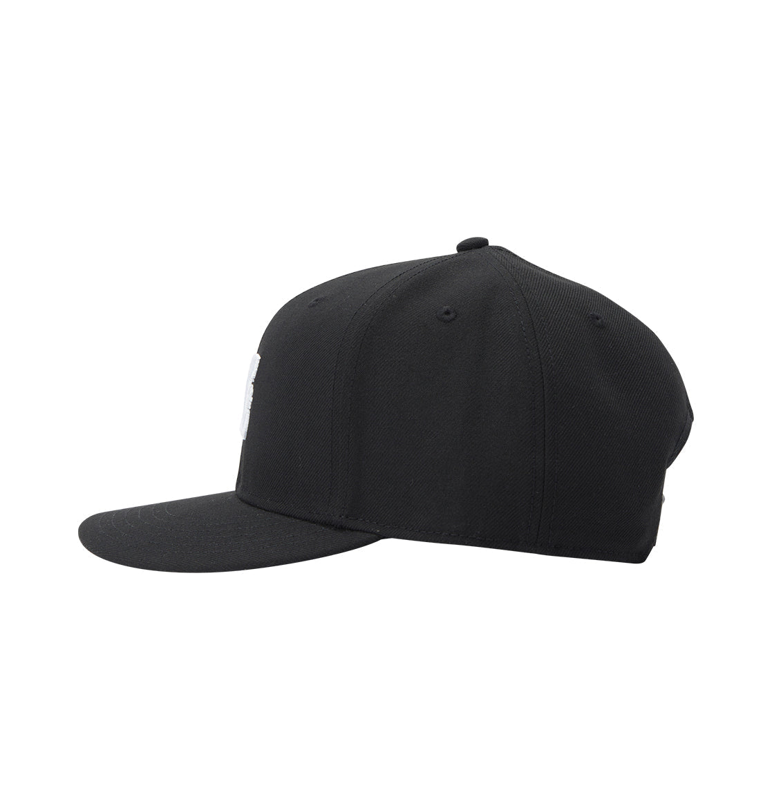 The DC Empire Snapback by DC Shoes is a black baseball cap with a flat brim, structured crown, visible stitching, and a small top button, shown in side view on a white background.