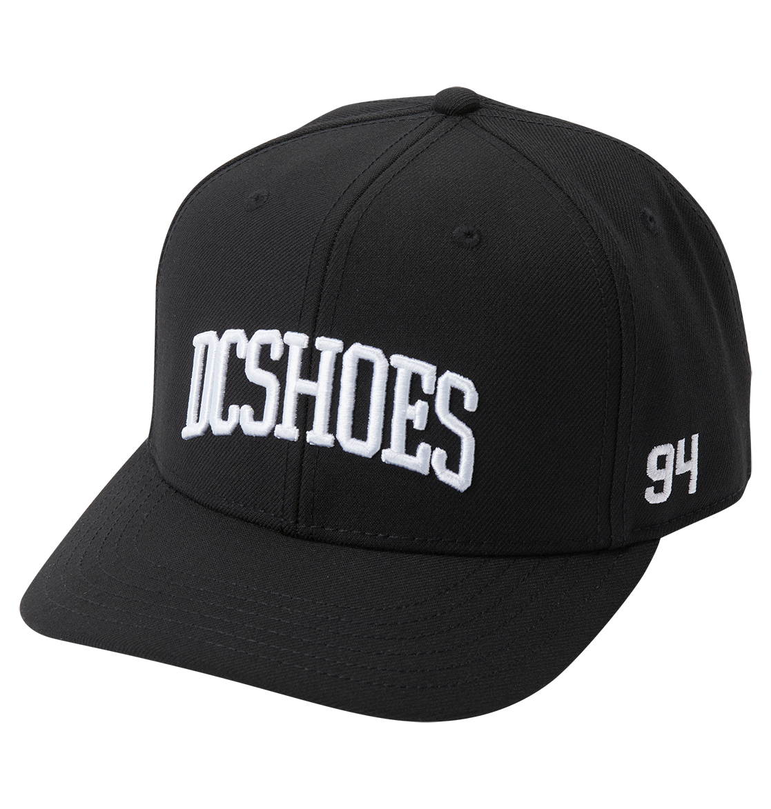 The Men's Semi-Pro Snapback by DC Shoes features a black design with bold white DCSHOES embroidery on the front, the number 94 stitched on the side, and an adjustable fit for comfort.