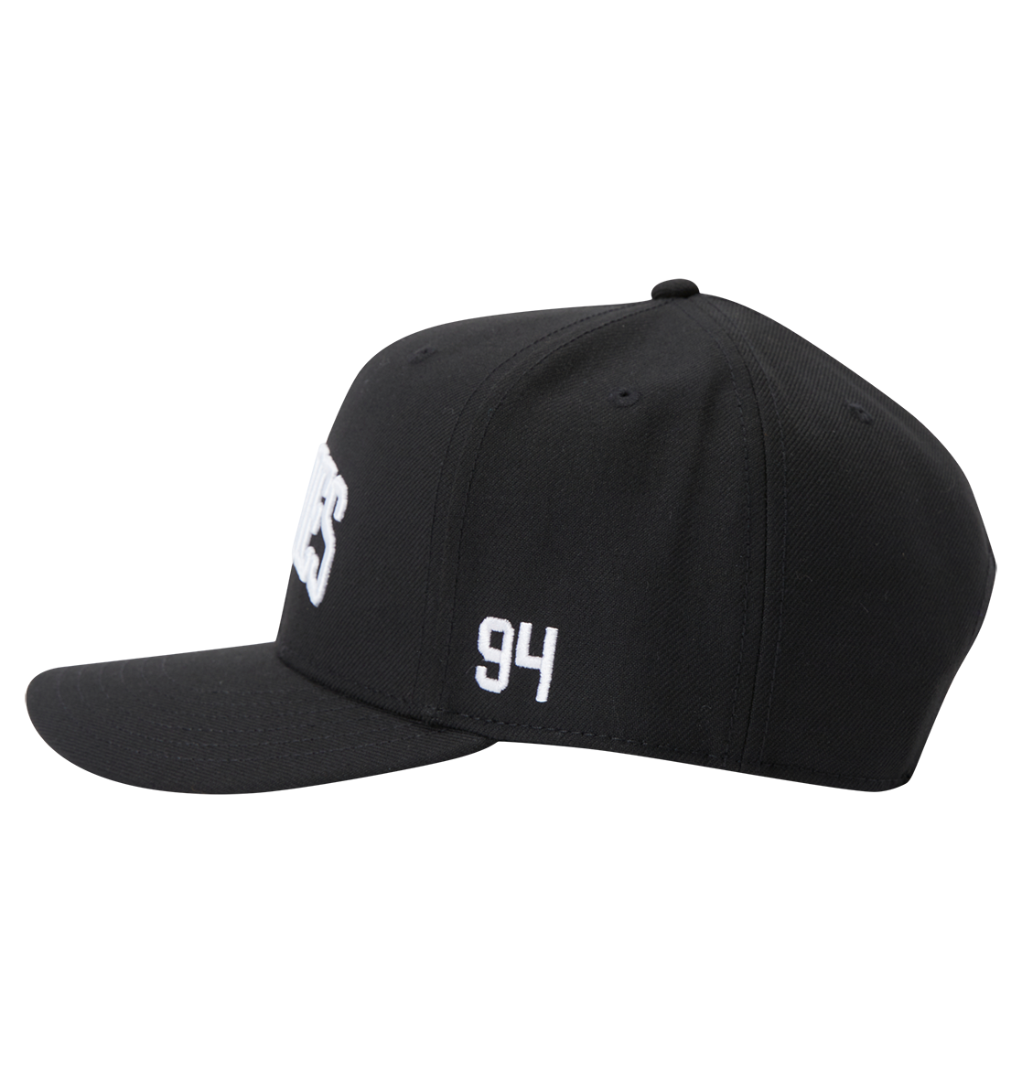 The DC Shoes Men's Semi-Pro Snapback is a black flat-brim hat with "94" embroidered in white on the side, partially visible white text on the front, and an adjustable fit for comfort. Shown from the left side.