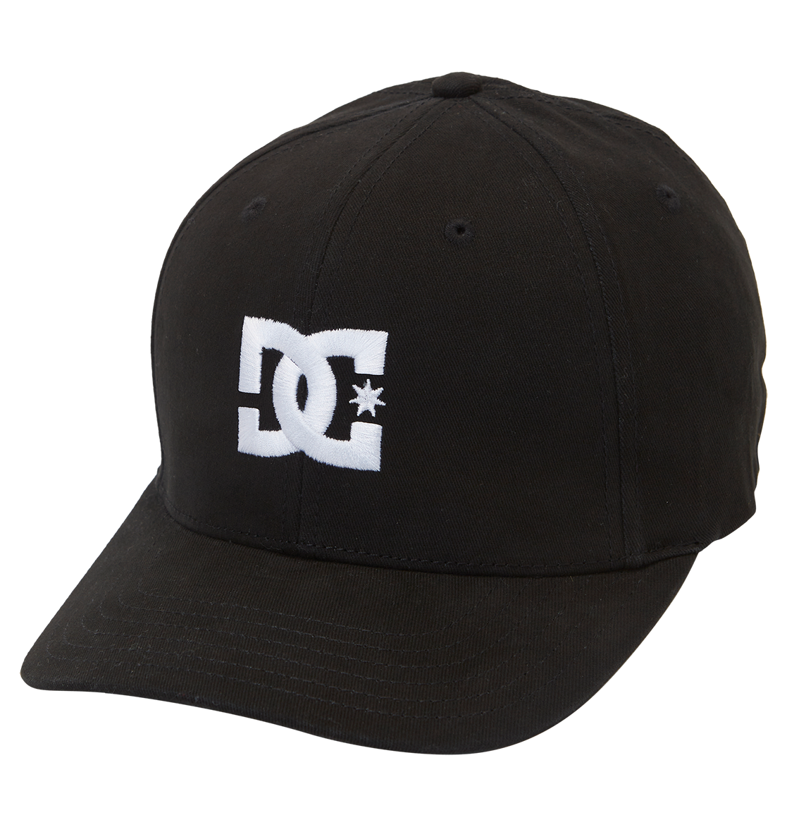 The Men's DC Cap Star by DC Shoes is a black skate cap with a curved brim, featuring bold DC branding and a white embroidered star on the front.