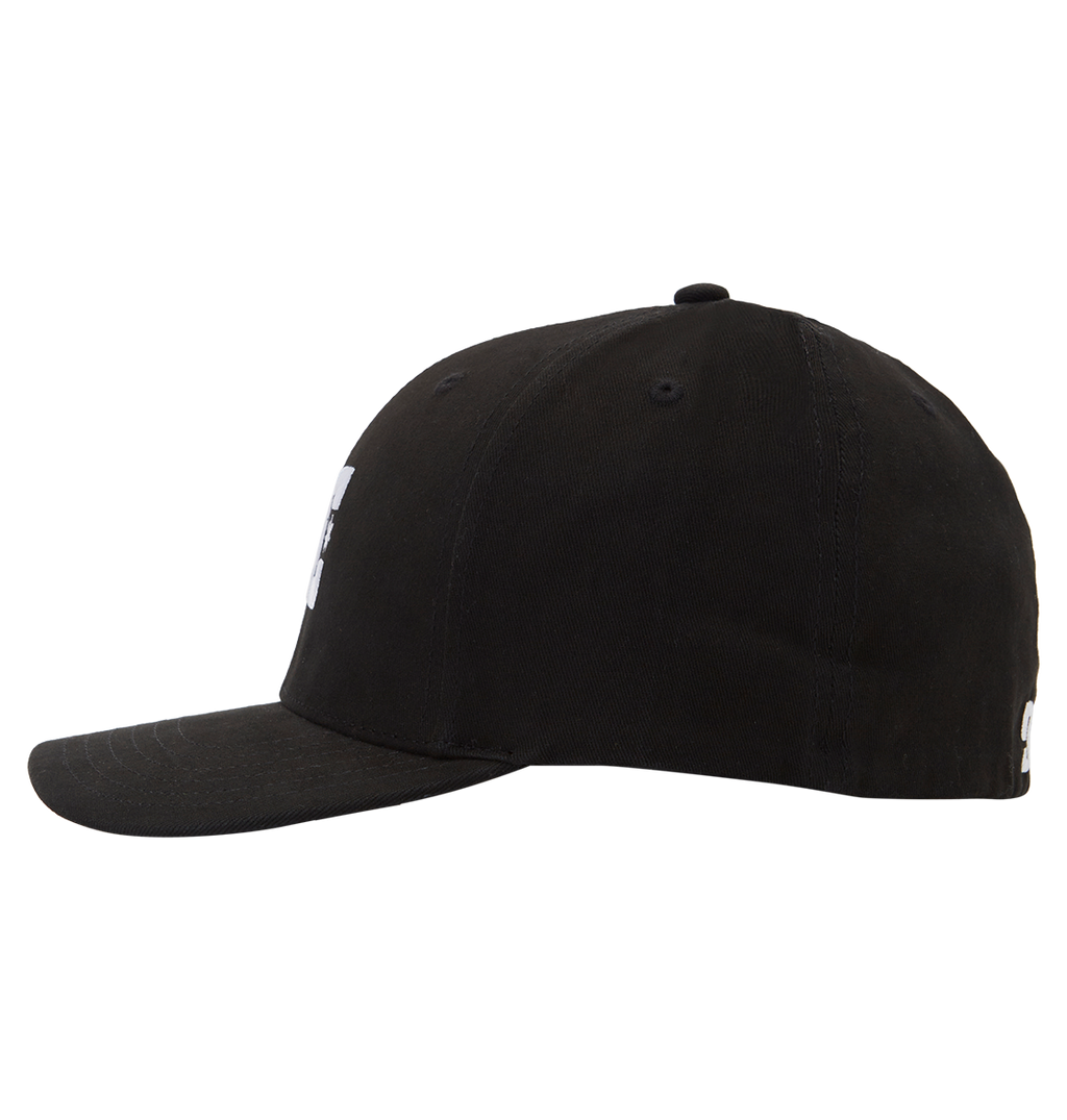 The Men's DC Cap Star by DC Shoes is displayed from the side on a plain white background. This black skate cap has a curved brim, visible stitching, subtle branding, and a small white logo partially visible on the back.