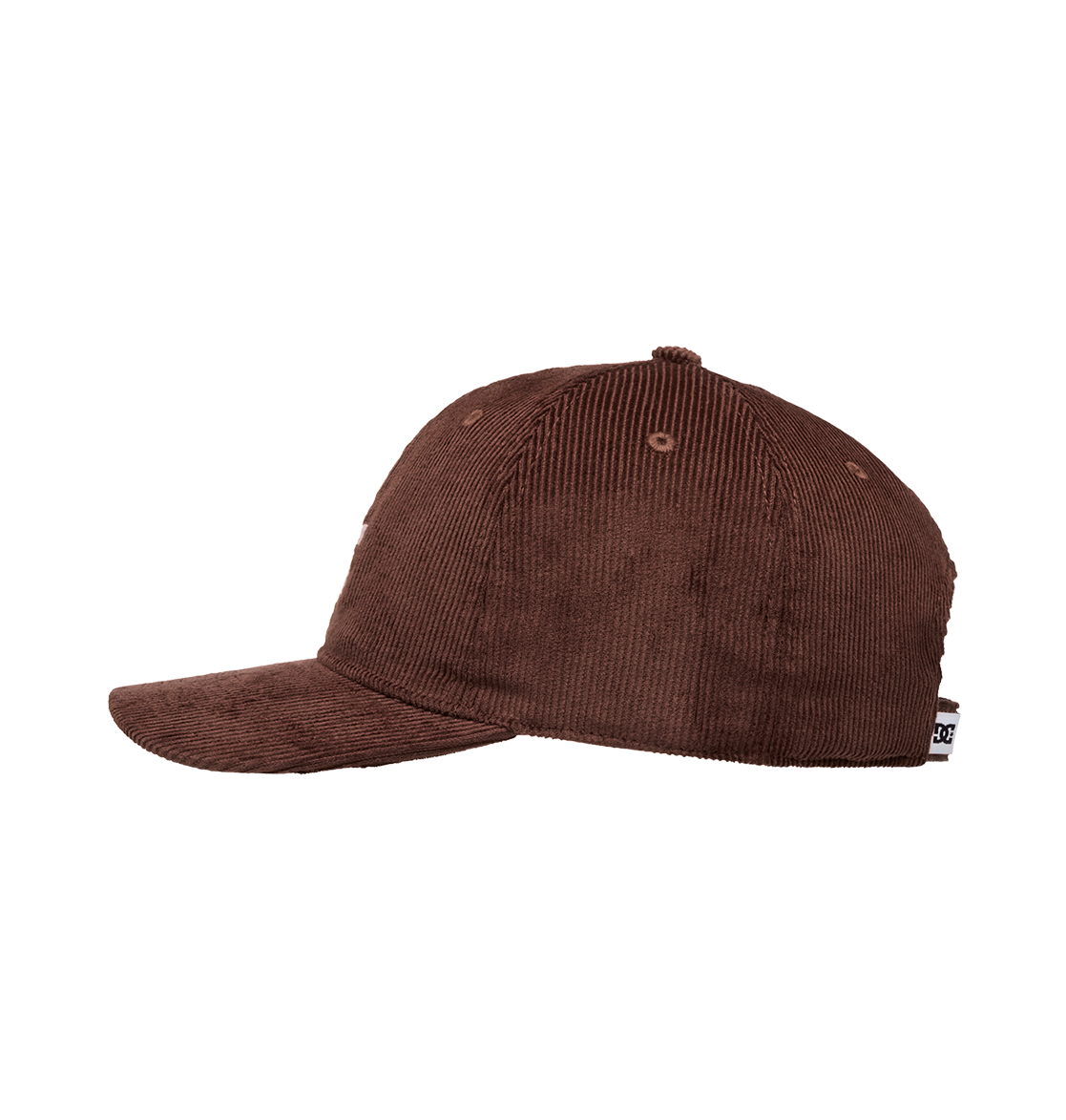 The Men's DC Cap Star Strapback by DC Shoes is displayed in side profile against a white background, showcasing its brown corduroy texture, curved brim, DC branding, and a small tag at the back.