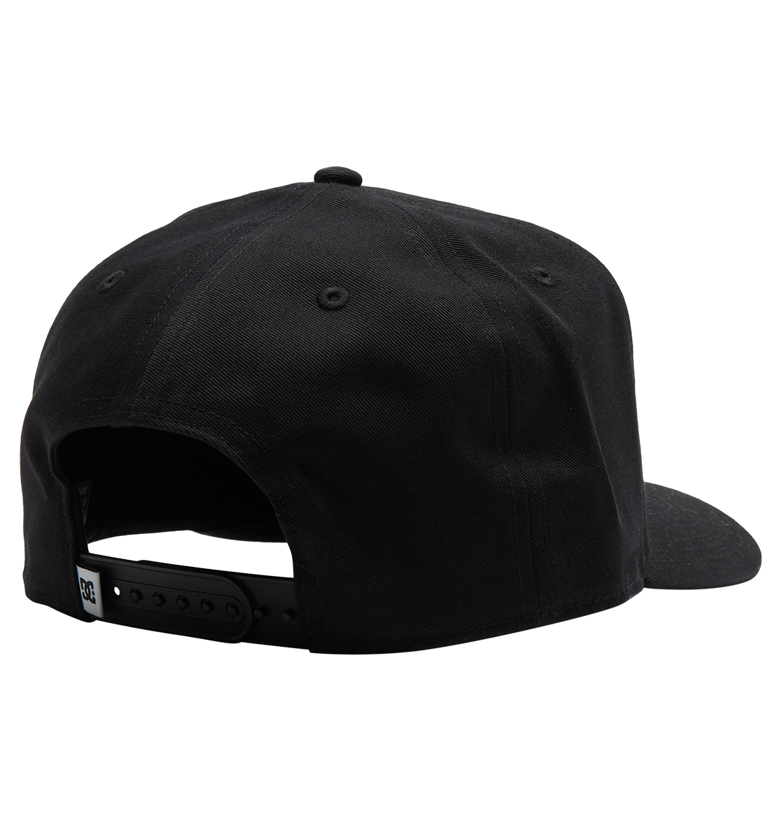 The Men's Reynotts Cap by DC Shoes is a black skate snapback, shown from the back with an adjustable plastic strap, a small white tag near the opening, and subtle DC branding for authenticity.