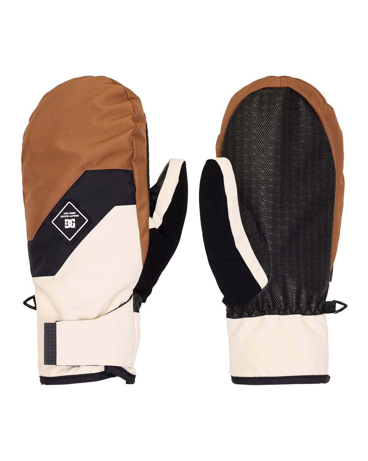 The DC Shoes Men’s Franchise Insulated Mittens feature brown, black, and cream color-blocking, a black textured palm for enhanced grip, an adjustable wrist strap for a secure fit, water-resistant material ideal for outdoor winter activities, and a small logo patch on the back of one mitten.