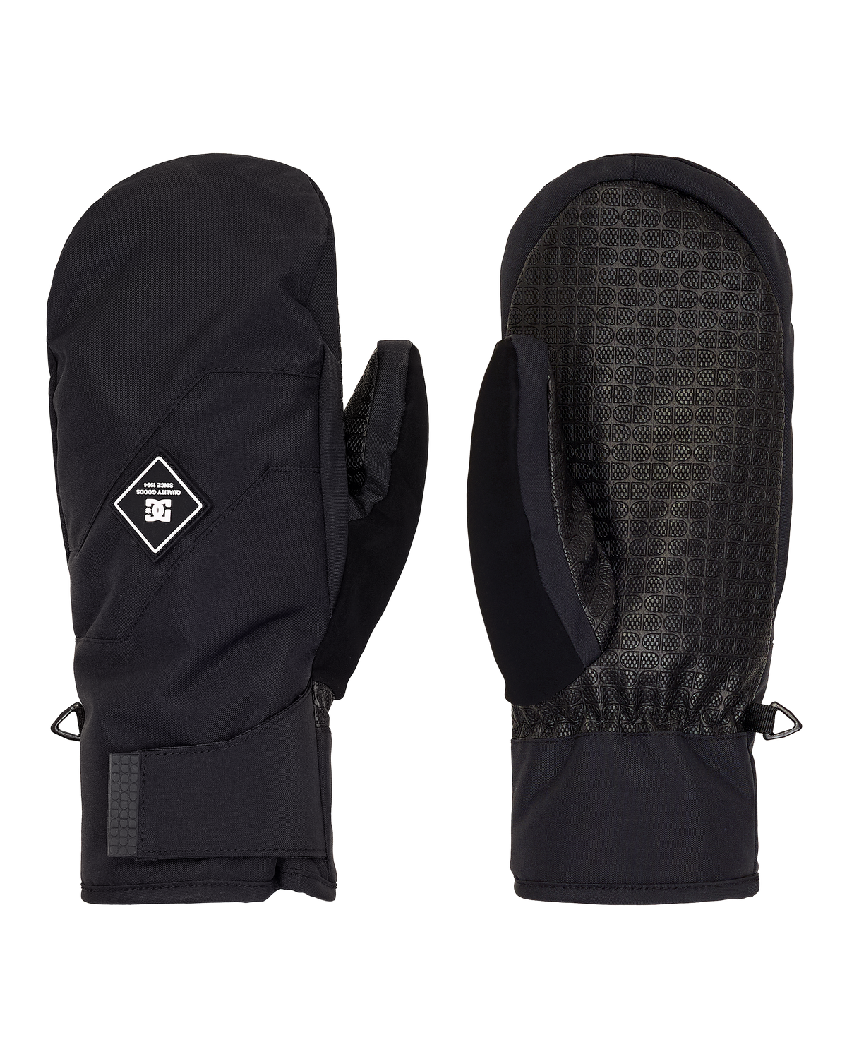 A pair of black DC Shoes Men’s Franchise Insulated Mittens are displayed front and back. One mitten features a small stitched DC logo, while the other shows a textured grip surface on the palm. Both waterproof mittens include wrist straps and elasticized cuffs.