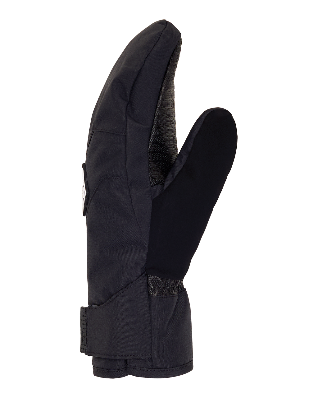 A single black DC Shoes Men’s Franchise Insulated Mitten with a separate index finger, resembling a lobster claw, is displayed against a plain white background. Designed for both warmth and functionality, this mitten is an excellent choice for men seeking insulated winter handwear.