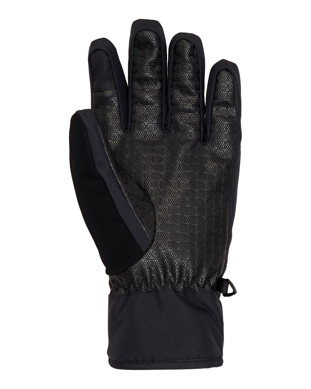 A single black DC Shoes Men’s Franchise Insulated Glove is shown palm side up against a plain white background, featuring a textured palm, elastic wrist, and a loop on the cuff.