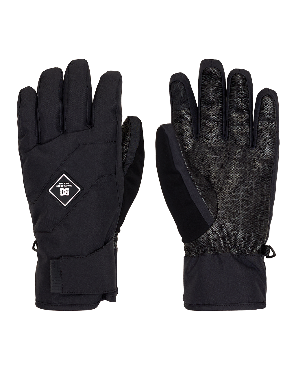 A pair of DC Shoes Men’s Franchise Insulated Gloves in black, shown from both the front and back views. One glove features the DC Shoes logo on the back, while the other highlights a textured palm grip and an elastic wrist, offering warmth along with practical functionality.