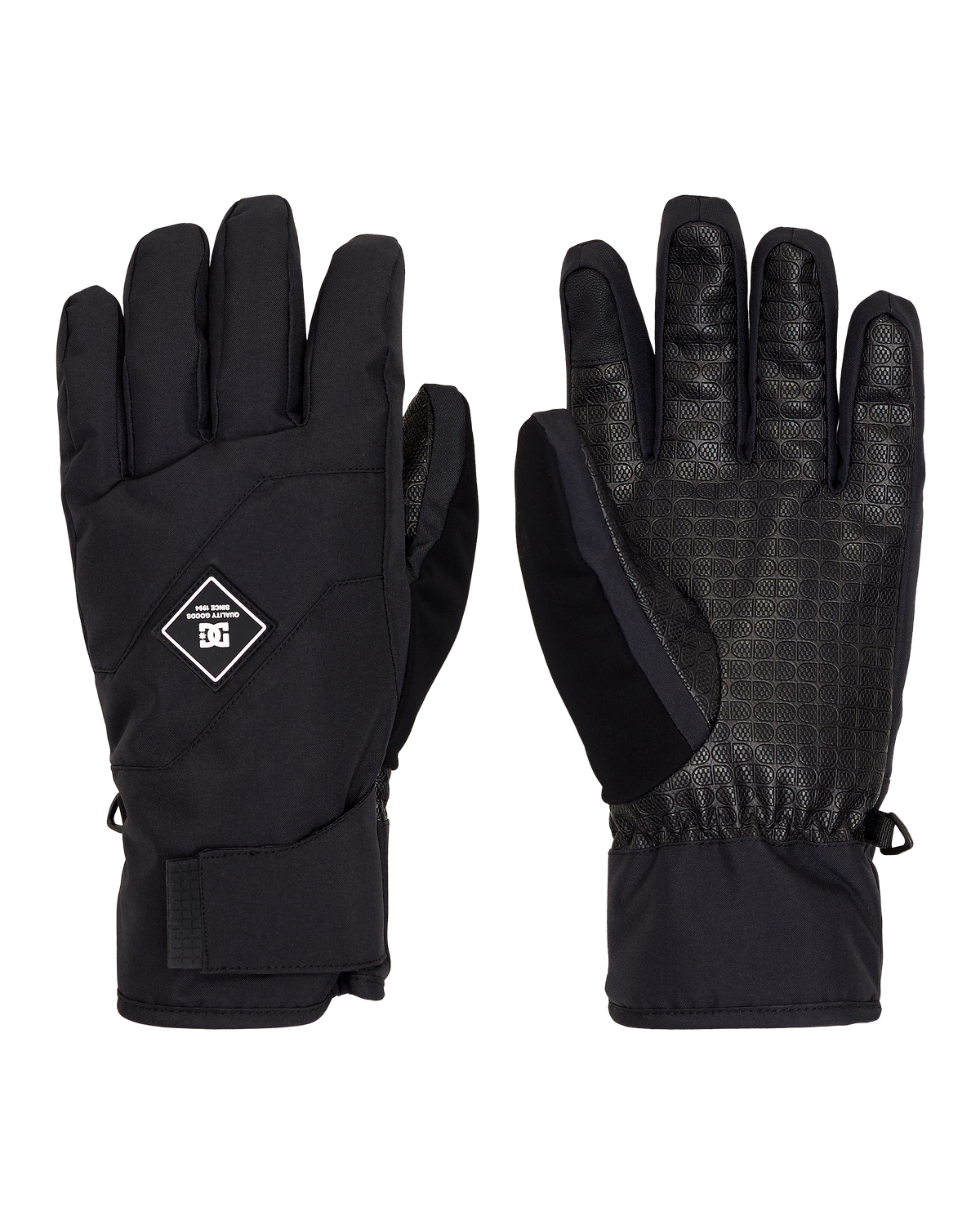 A pair of DC Shoes Men’s Franchise Insulated Gloves in black, shown from both the front and back views. One glove features the DC Shoes logo on the back, while the other highlights a textured palm grip and an elastic wrist, offering warmth along with practical functionality.
