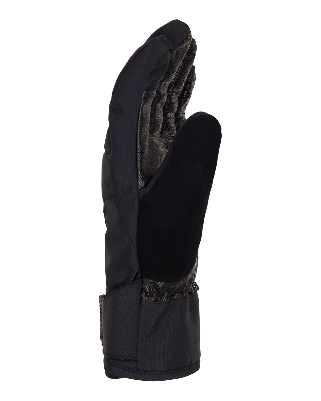 A single black DC Shoes Men’s Franchise Insulated Glove is displayed upright with the palm facing left. This men’s glove features a textured grip on the palm and a plain black cuff, set against a white background.