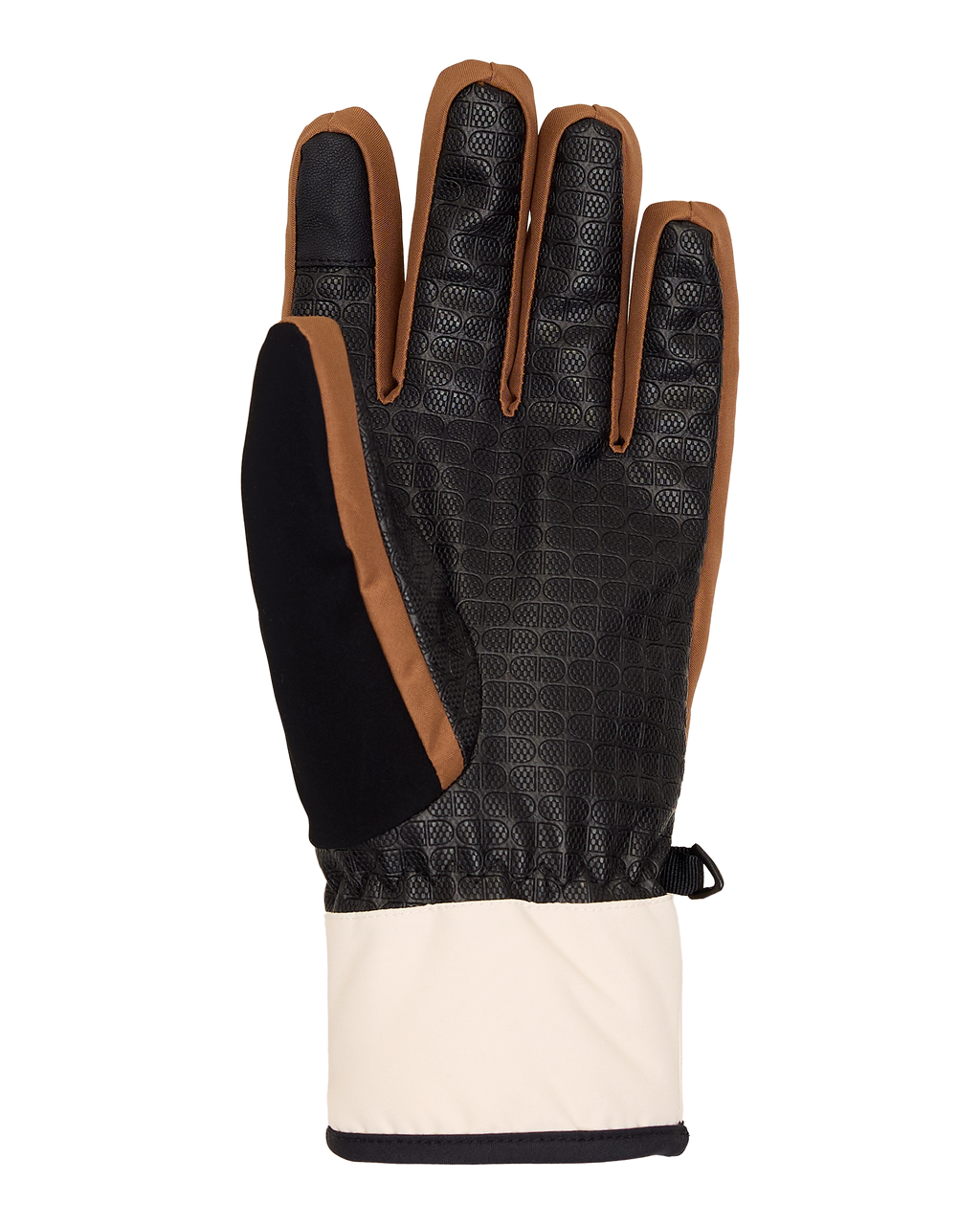A single DC Shoes Men’s Franchise Insulated Glove is shown with its black textured palm, brown edges, and beige cuff facing forward against a white background.