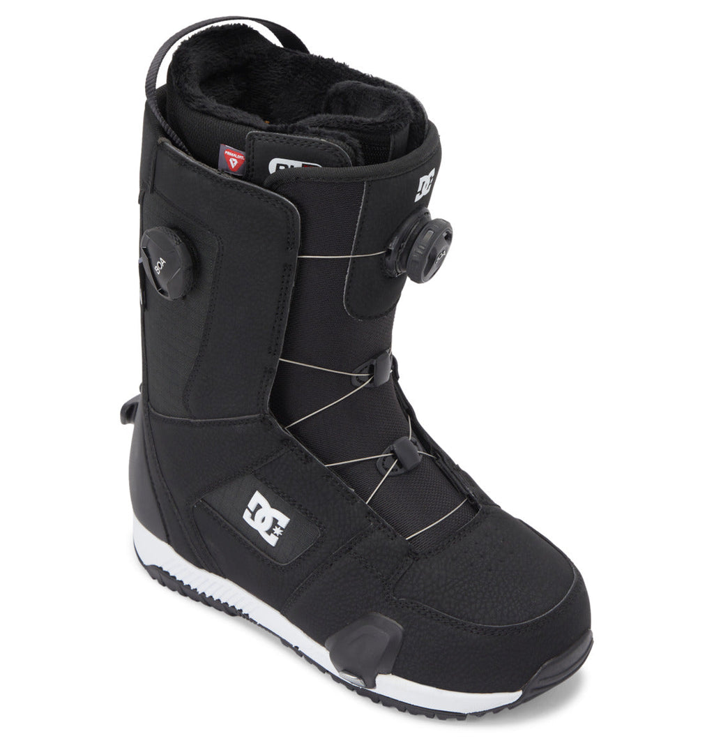 The DC Shoes Men's Phase Pro Step On BOA® Snowboard Boots are black with a white logo, reinforced toe and heel, textured sole, and the BOA® Fit System—perfect for snowboarding.