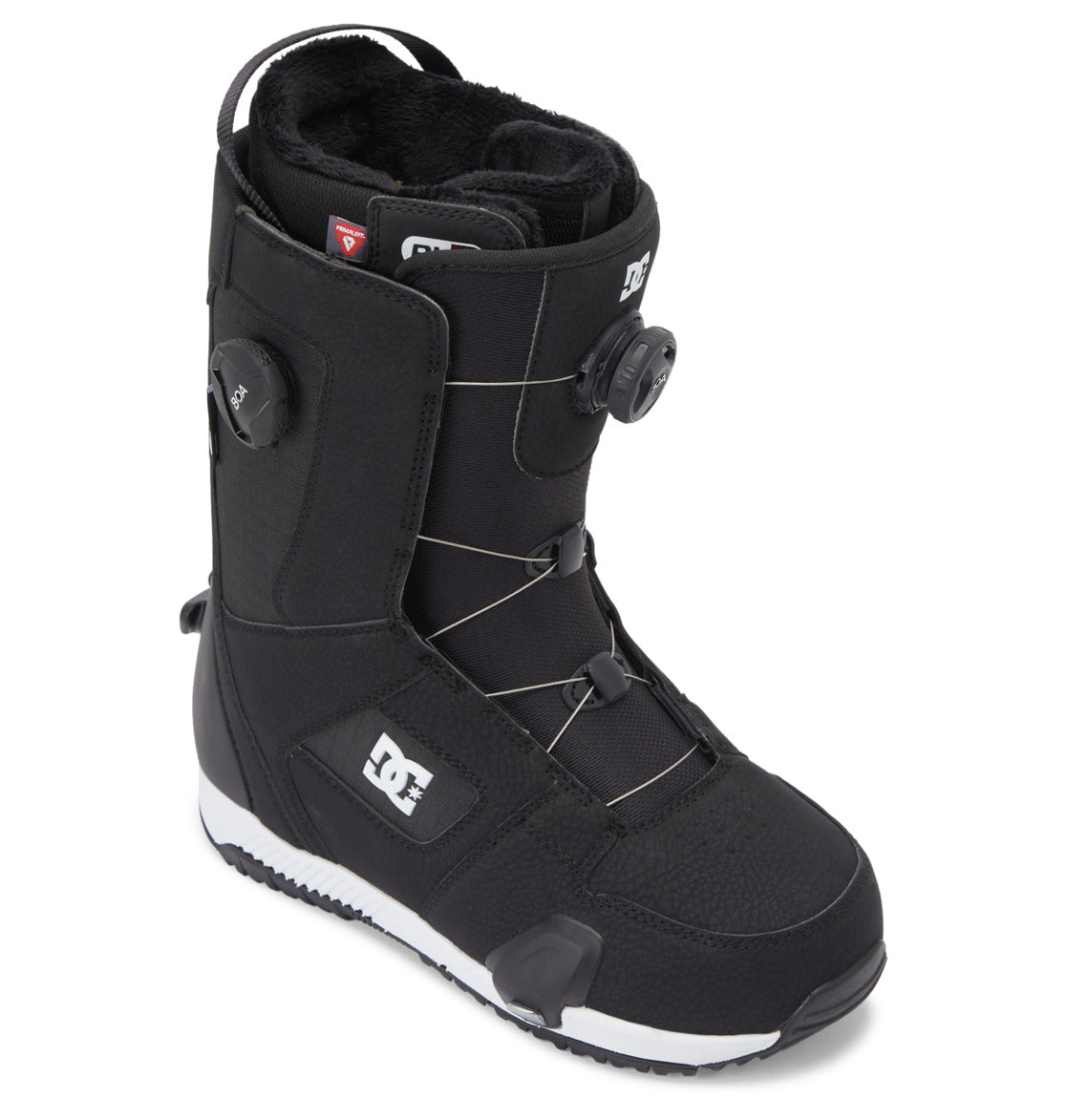 The DC Shoes Men's Phase Pro Step On BOA® Snowboard Boots are black with a white logo, reinforced toe and heel, textured sole, and the BOA® Fit System—perfect for snowboarding.