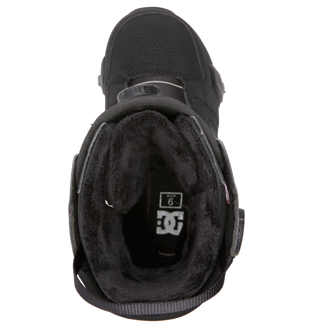 Top view of DC Shoes Men's Phase Pro Step On BOA® Snowboard Boots, featuring the BOA® Fit System, soft black interior lining, and a visible size 9 label inside the heel area.