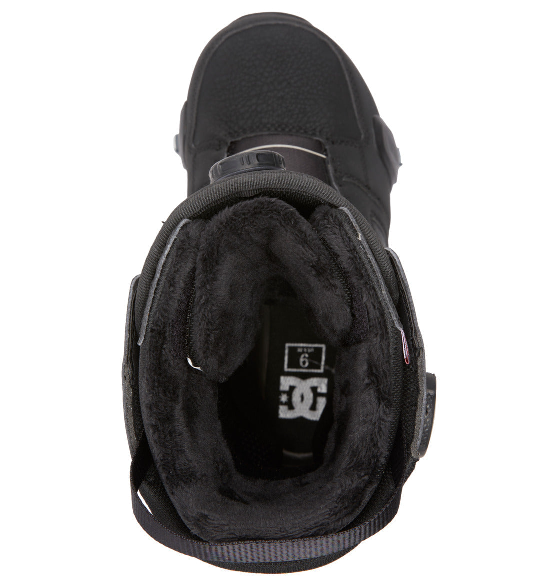 Top view of DC Shoes Men's Phase Pro Step On BOA® Snowboard Boots, featuring the BOA® Fit System, soft black interior lining, and a visible size 9 label inside the heel area.