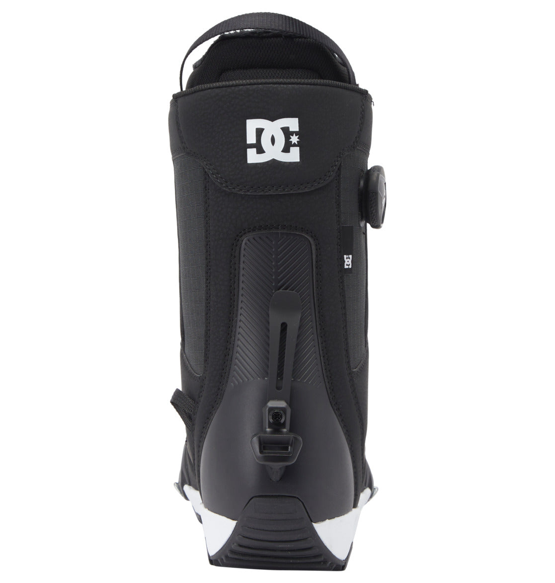 The Men's Phase Pro Step On BOA® Snowboard Boots by DC Shoes are black with a white DC logo on the back, a BOA® Fit System dial on the side, textured details, and a sturdy heel.