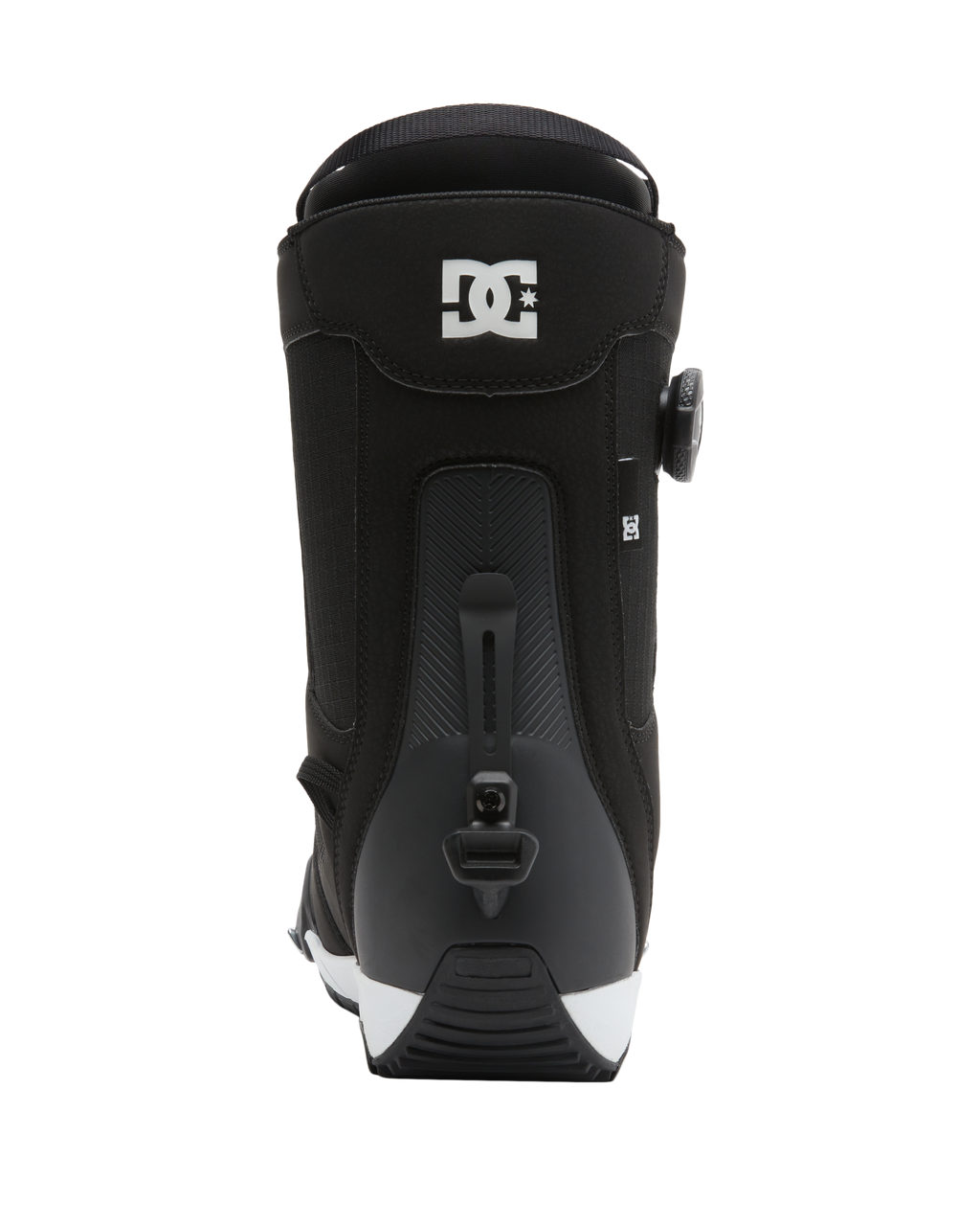 Rear view of the Men’s Phase BOA® Pro Step On® Snowboard Boot in black by DC Shoes, featuring a DC Shoes logo on the upper back, SUPERLOCK heel harness for enhanced support, BOA® dial adjustment system on the side, and a black and white sole.