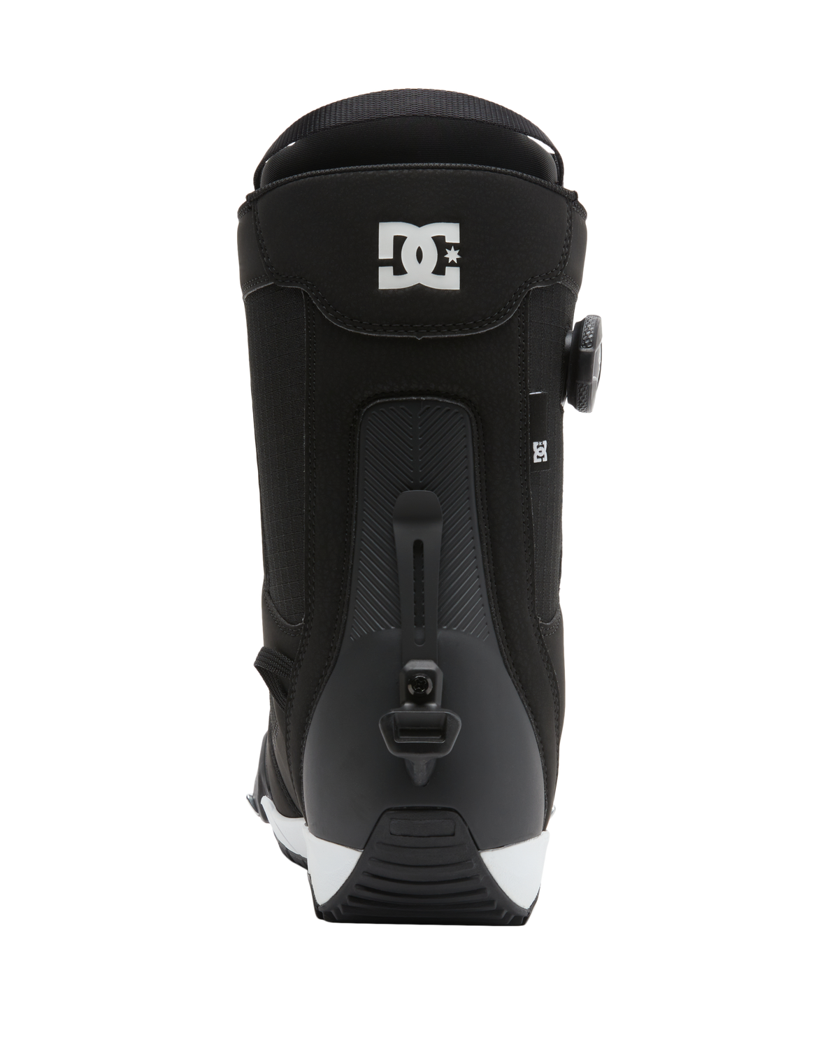 Rear view of the Men’s Phase BOA® Pro Step On® Snowboard Boot in black by DC Shoes, featuring a DC Shoes logo on the upper back, SUPERLOCK heel harness for enhanced support, BOA® dial adjustment system on the side, and a black and white sole.