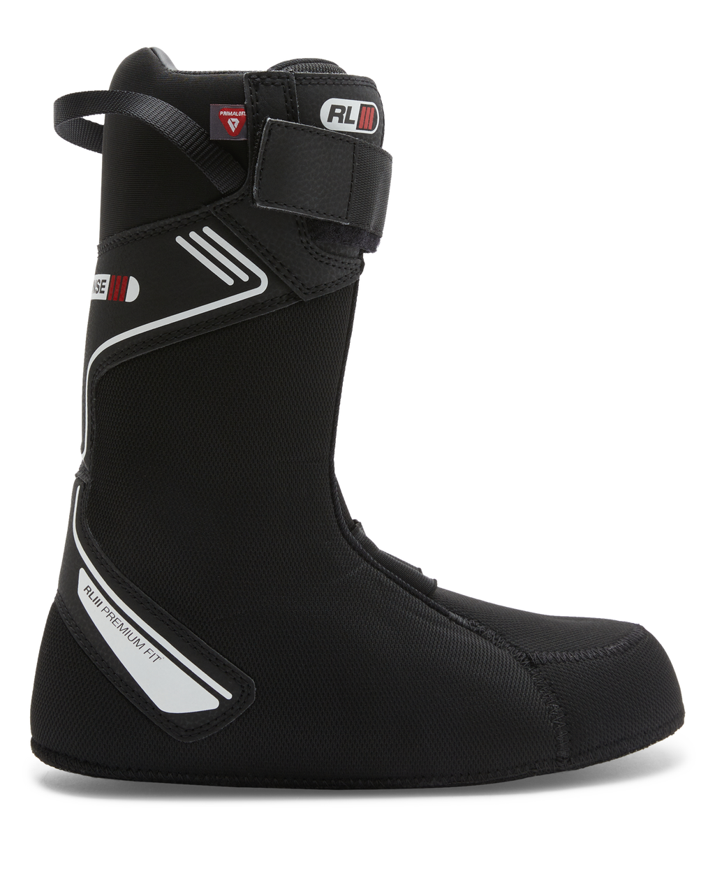 Black DC Shoes Men’s Phase BOA® Pro Step On® Snowboard Boot liner with white and red accents, shown from a side view. It features a tall, slim profile with a Velcro strap near the top and reinforced stitching. Designed for enhanced comfort and support, this liner utilizes the SUPERLOCK heel harness to securely lock in your heel while maintaining soft, flexible material for all-day performance.