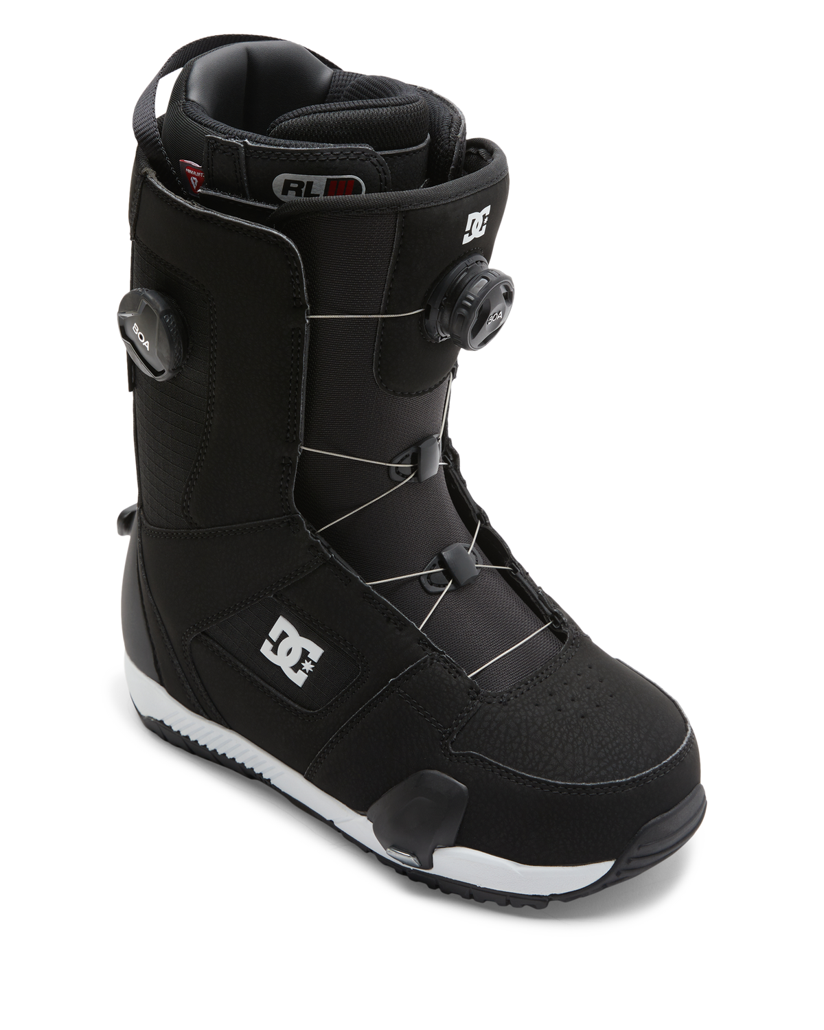 A black Men’s Phase BOA® Pro Step On® Snowboard Boot by DC Shoes, featuring the Dual Zone BOA Fit System, a prominent white DC logo on the side, reinforced toe and heel areas, a SUPERLOCK heel harness for enhanced security, and a textured sole—shown at an angle against a plain white background.