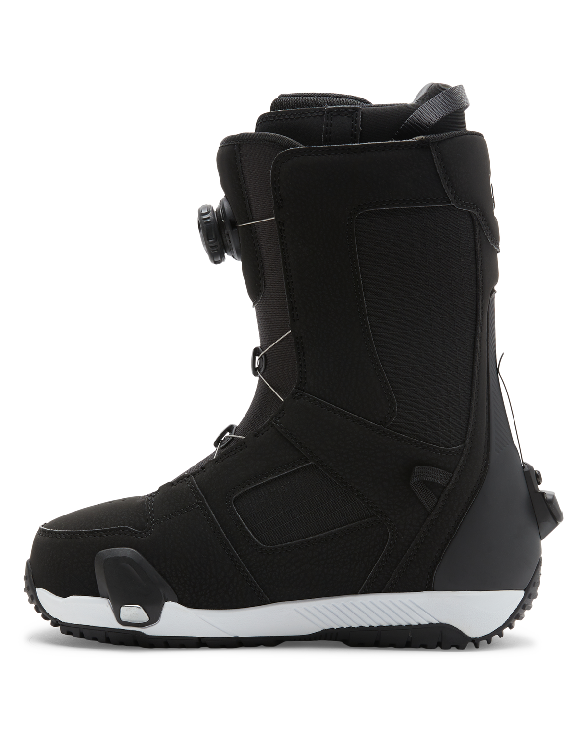 Men’s Phase BOA® Pro Step On® Snowboard Boots by DC Shoes, featuring a black upper with a white sole, enhanced ankle support, and a Dual Zone BOA® Fit System dial lacing system, shown in profile view facing left against a plain white background.