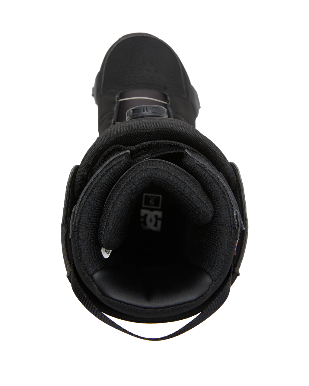 Top view of a single Men’s Phase BOA® Pro Step On® Snowboard Boot by DC Shoes in black, featuring a padded collar, visible inner lining, and a back pull loop, equipped with the advanced Dual Zone BOA Fit System for precise adjustment—all set against a plain white background.