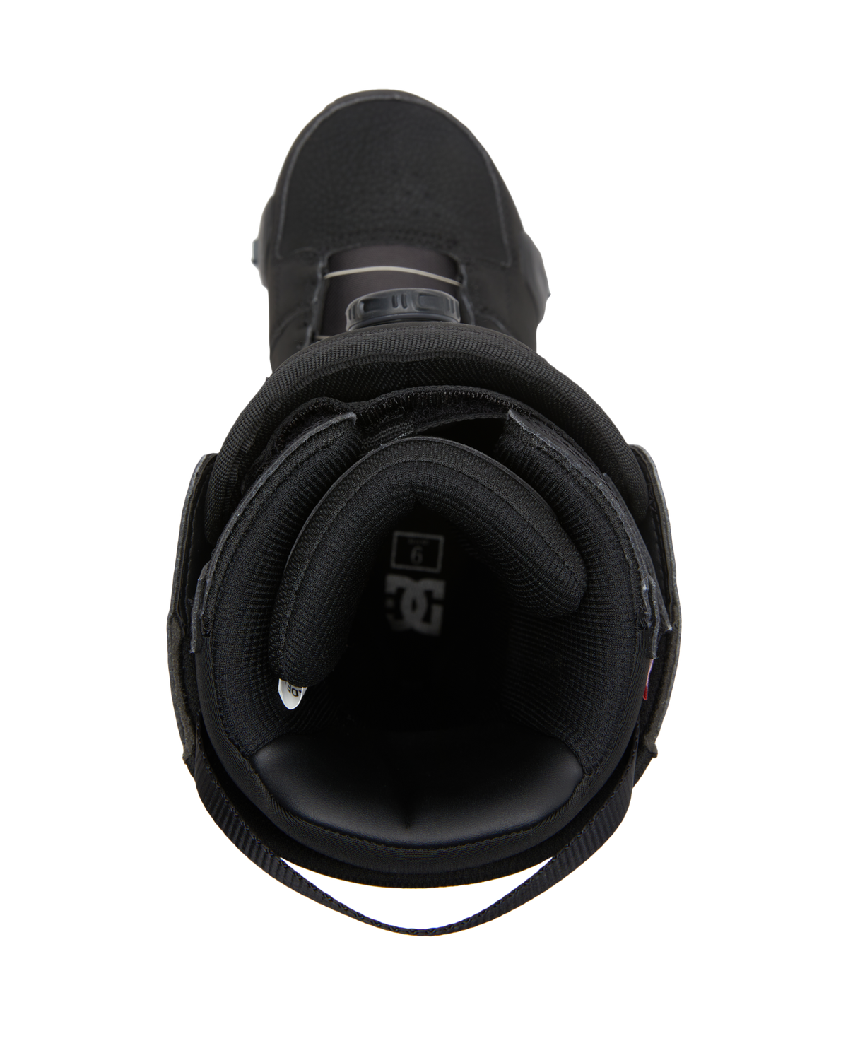 Top view of the DC Shoes Men’s Phase BOA® Pro Step On® Snowboard Boot in black, featuring thick padded lining, a pull strap at the back, a visible tongue, and an advanced Dual Zone BOA® Fit System closure for customizable comfort.