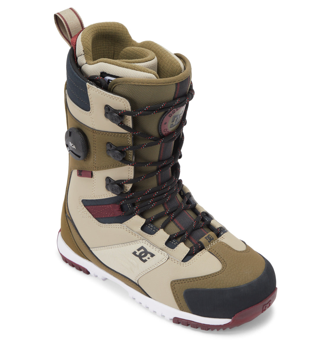 Tan, brown, and black DC Shoes Men’s Premier Hybrid BOA® Snowboard Boot with red accents, black laces, and a thick white treaded sole. Featuring the advanced BOA® Fit System for precise adjustment, the DC logo appears on the side and tongue. The boot is upright and slightly angled to the right.