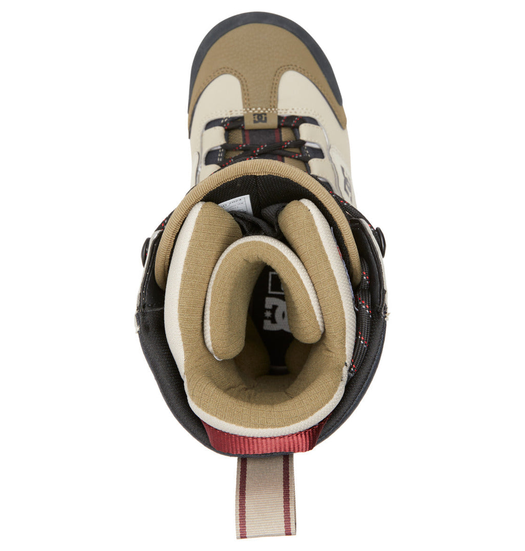 Top-down view of the DC Shoes Men’s Premier Hybrid BOA® Snowboard Boot in tan and black with a padded beige interior, a red and beige pull tab at the heel, and black and red laces featuring the BOA® Fit System.