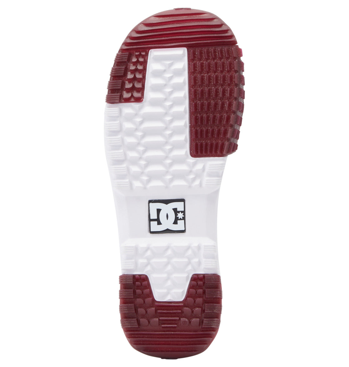 The sole of the Men’s Premier Hybrid BOA® Snowboard Boot by DC Shoes features a white base with maroon tread accents and a prominent black DC Shoes logo at the center. The tread pattern showcases square and rectangular textures, highlighting the durability and grip associated with the Premier Hybrid models equipped with BOA® Fit System technology.