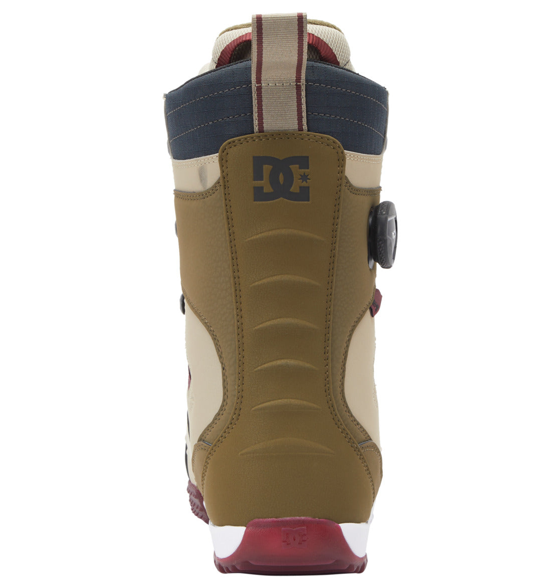 A rear view of the Men’s Premier Hybrid BOA® Snowboard Boots by DC Shoes, showcasing brown, beige, navy, and red panels, a black DC logo on the heel, and a textured red and white outsole equipped with the innovative BOA® Fit System for fast and precise adjustments.