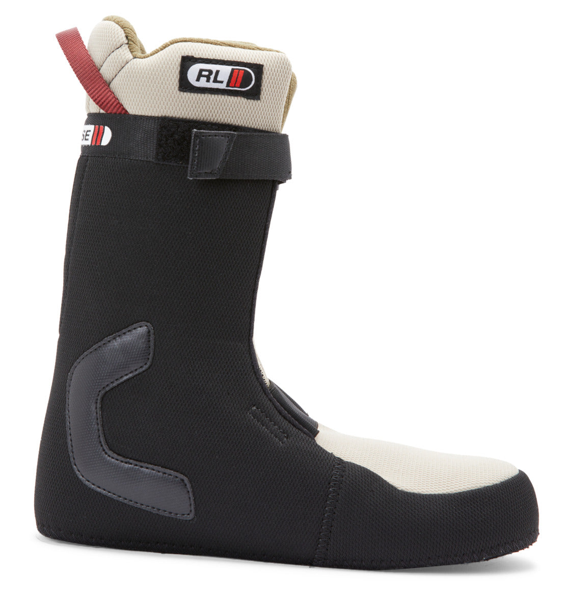 A black and beige liner with a Velcro strap, padded ankle support, and a pull-on loop at the top rear, designed to pair with DC Shoes Men’s Premier Hybrid BOA® Snowboard Boots.