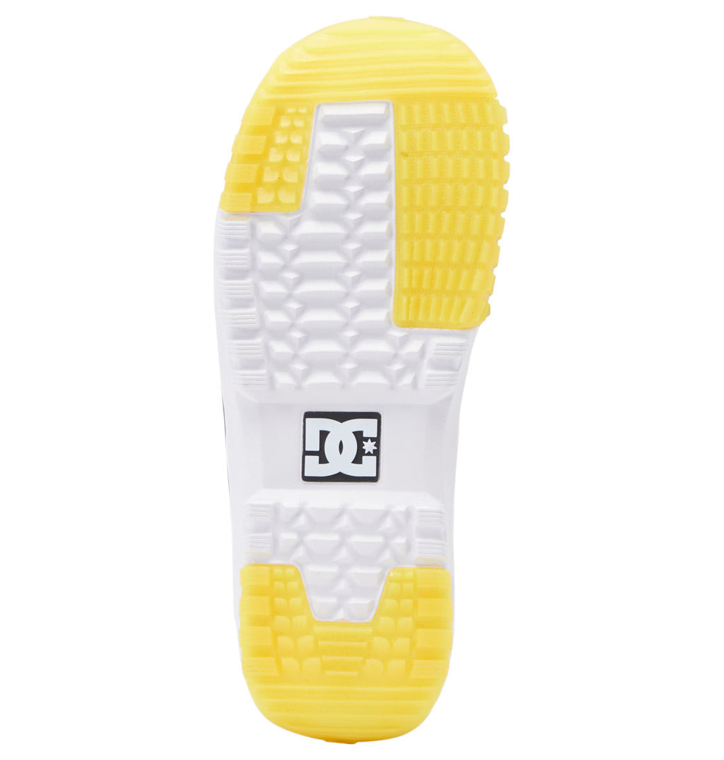 The bottom view of the Men’s Premier Hybrid BOA® Snowboard Boots sole reveals white and yellow tread sections, inspired by DC Shoes’ boot technology, and features a black and white DC Shoes logo at the center.