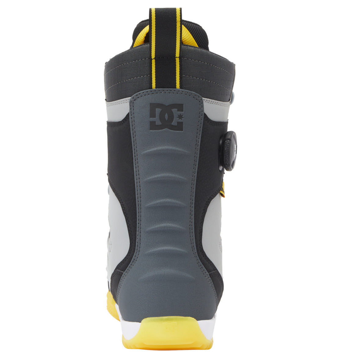 Rear view of the DC Shoes Men’s Premier Hybrid BOA® Snowboard Boot in gray, black, and yellow, featuring the DC logo, ribbed back panel, pull loop, and a yellow sole. This boot is designed with the innovative BOA® Fit System for precise adjustment and exceptional support on the slopes.