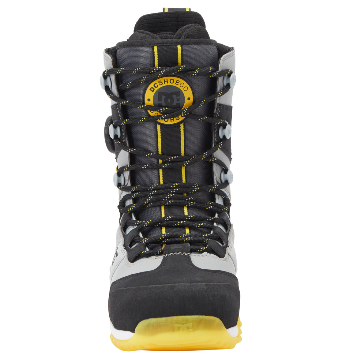 A front view of the Men’s Premier Hybrid BOA® Snowboard Boots by DC Shoes in black, gray, and yellow, featuring yellow-accented laces and a round DC SHOES logo near the top. The boots have a rugged design with Premier Hybrid construction for enhanced durability and are highlighted by a striking yellow sole.