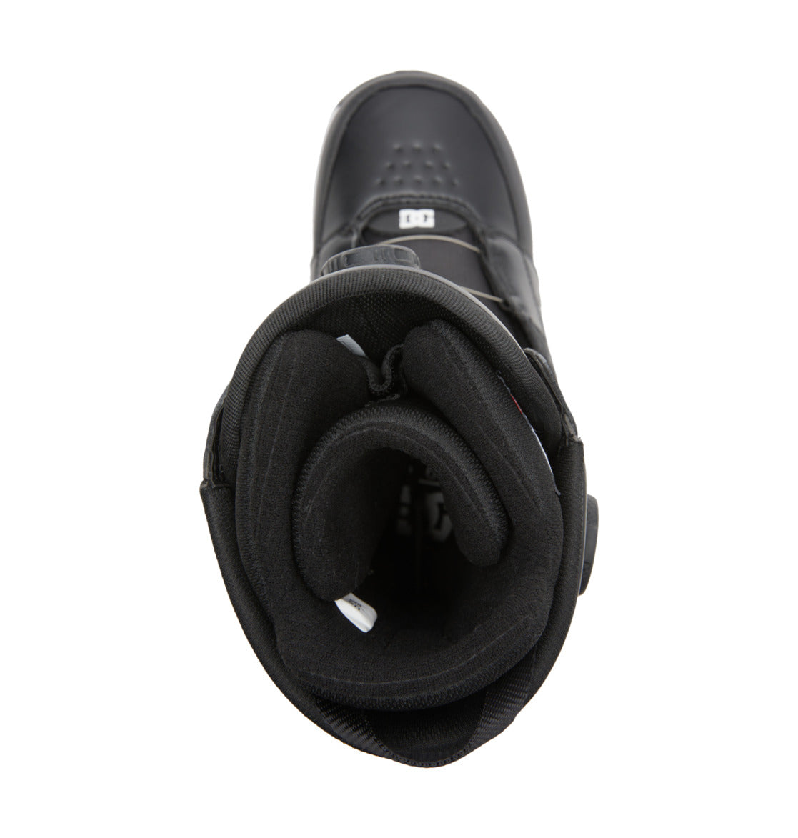 Top view of the DC Shoes Men’s Control BOA® Snowboard Boot in black, highlighting its padded interior and tongue with a DC logo on the tongue and white tags inside. Inspired by skate footwear, this all-mountain boot features the Dual Zone BOA® Fit System for precise adjustment and enhanced comfort.