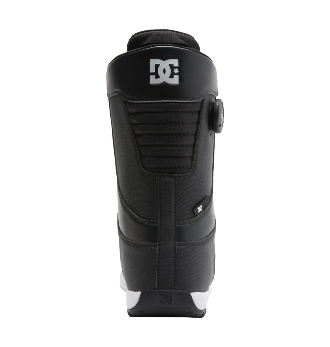Rear view of a black DC Shoes Men’s Control BOA® Snowboard Boot featuring a Dual Zone BOA® Fit System dial on the right side, padded stitching, and the signature white DC Shoes logo at the top.
