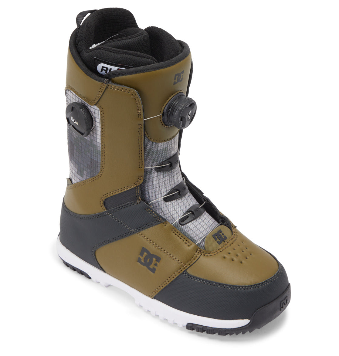 Introducing the Men’s Control BOA® Snowboard Boots from DC Shoes: a single olive green, black, and gray all-mountain boot with a white sole, featuring the Dual Zone BOA® Fit System for precise lacing and highlighted by the DC logo on the side—bringing classic skate-inspired design to snow performance.