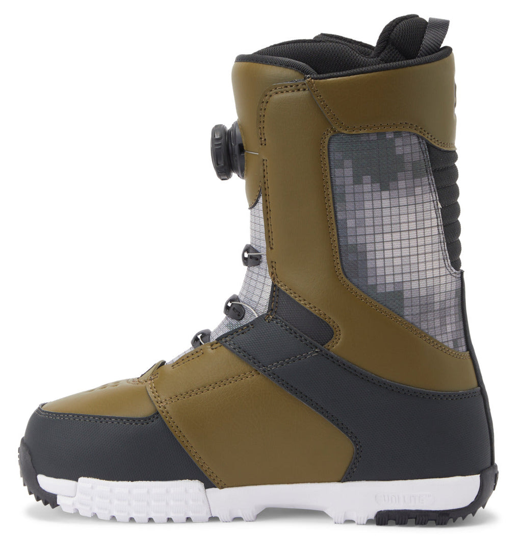 The DC Shoes Men’s Control BOA® Snowboard Boots are brown and black all-mountain boots, with a gray patterned panel, black laces, and a white textured sole, shown from the side. Equipped with the advanced Dual Zone BOA Fit System, these boots provide precise fit and support for skate footwear enthusiasts and riders looking to conquer any terrain.