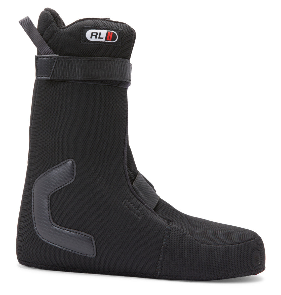 The DC Shoes Men’s Control BOA® Snowboard Boots feature a black padded liner with reinforced sections, a Velcro ankle strap, heel loop, and a subtle RL II logo patch near the top. Designed for versatility in all-mountain snowboarding or as an upgrade for skate footwear support, this boot liner is showcased standing upright against a white background.