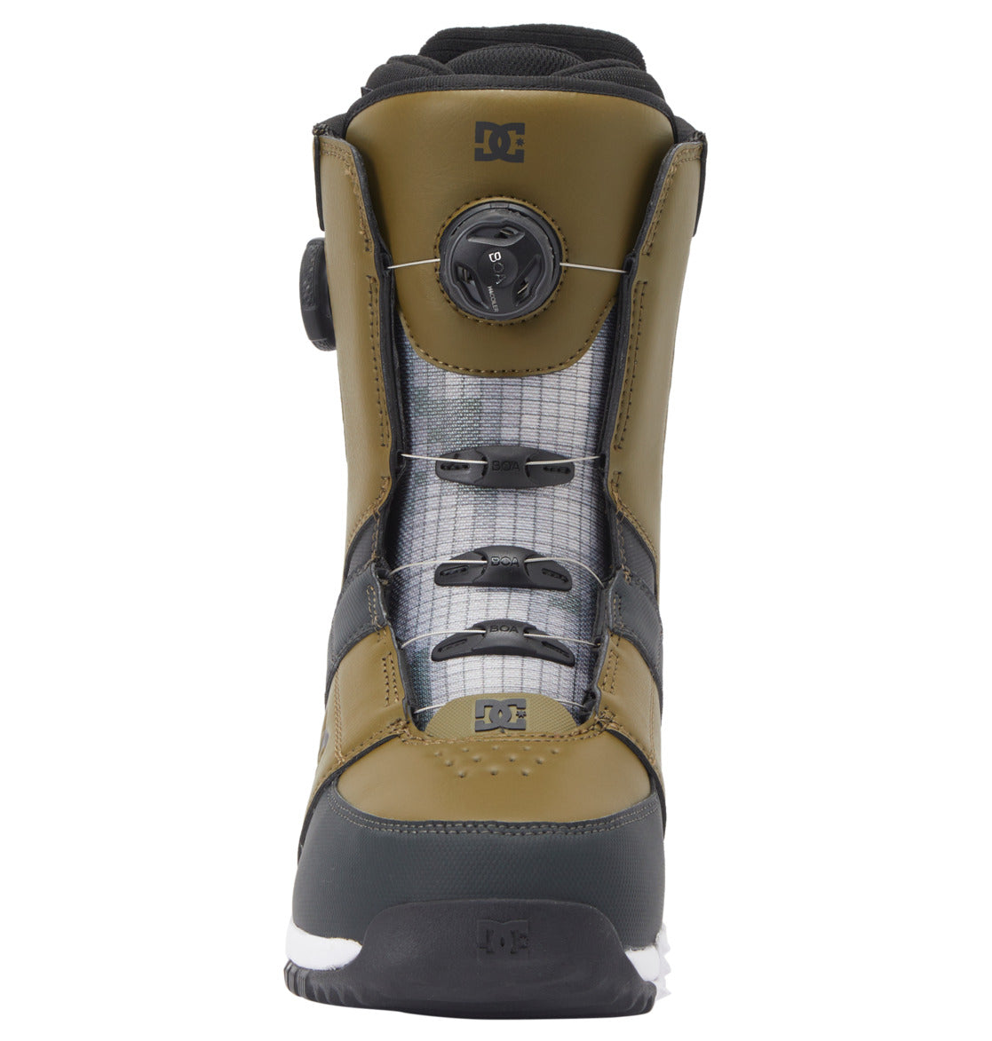 Front view of the Men’s Control BOA® Snowboard Boots by DC Shoes in olive green, black, and gray, featuring a Dual Zone BOA® Fit System closure and rugged sole inspired by DC’s skate footwear heritage—photographed against a white background.