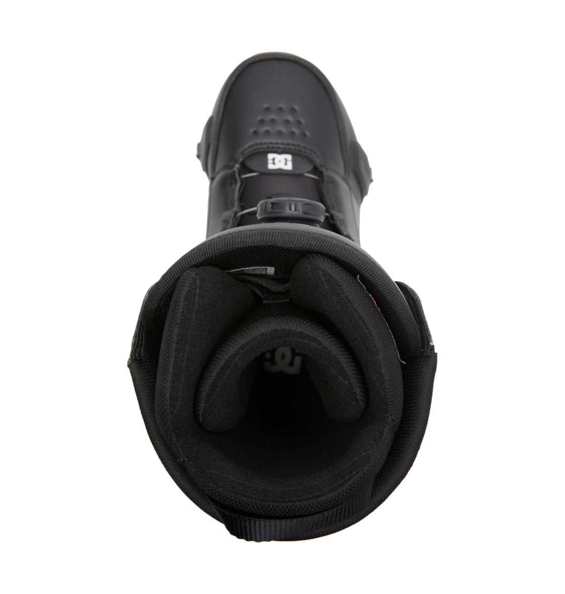 A top-down view of the Men’s Control Step On BOA® Snowboard Boots by DC Shoes showcases a black snowboarding boot with padded lining and a front buckle system, highlighting modern snow boot innovation inspired by the Dual Zone BOA® Fit System for enhanced comfort and support.