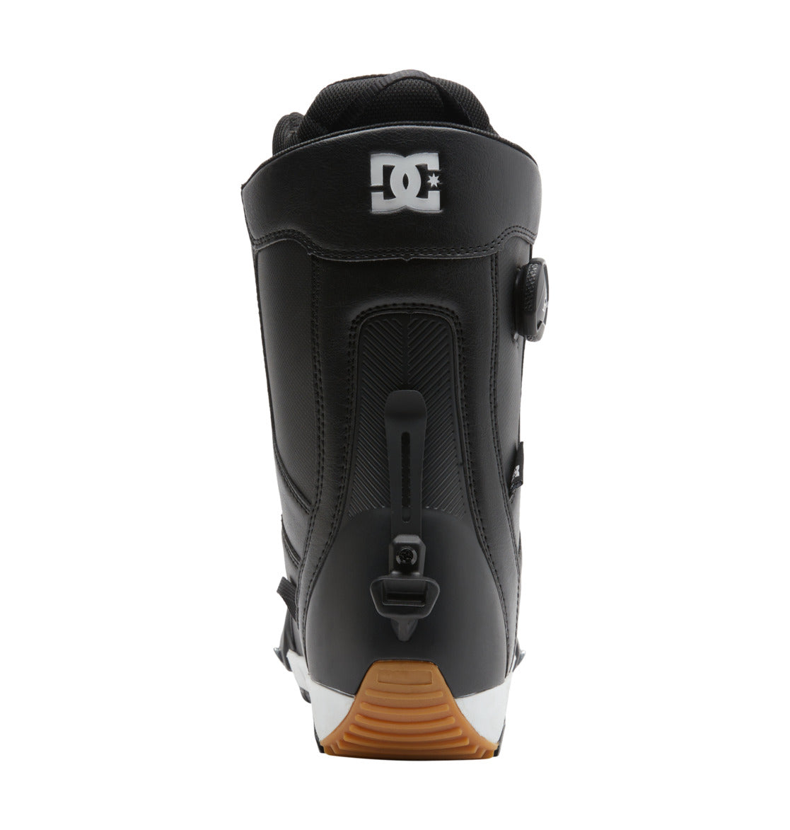 A men’s DC Shoes Control Step On BOA® snowboard boot in black, viewed from the back to showcase the DC logo, rear adjustment mechanism, and brown rubber sole—demonstrating innovative snow boot design.