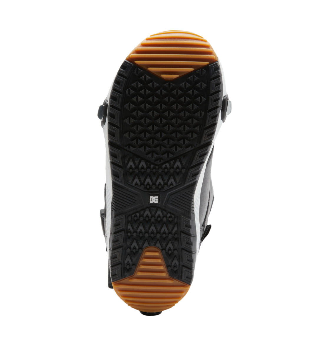 The sole of the Men’s Control Step On BOA® Snowboard Boot by DC Shoes features black and brown rubber tread with geometric patterns and a central DC Shoes logo, shown from the bottom against a white background.