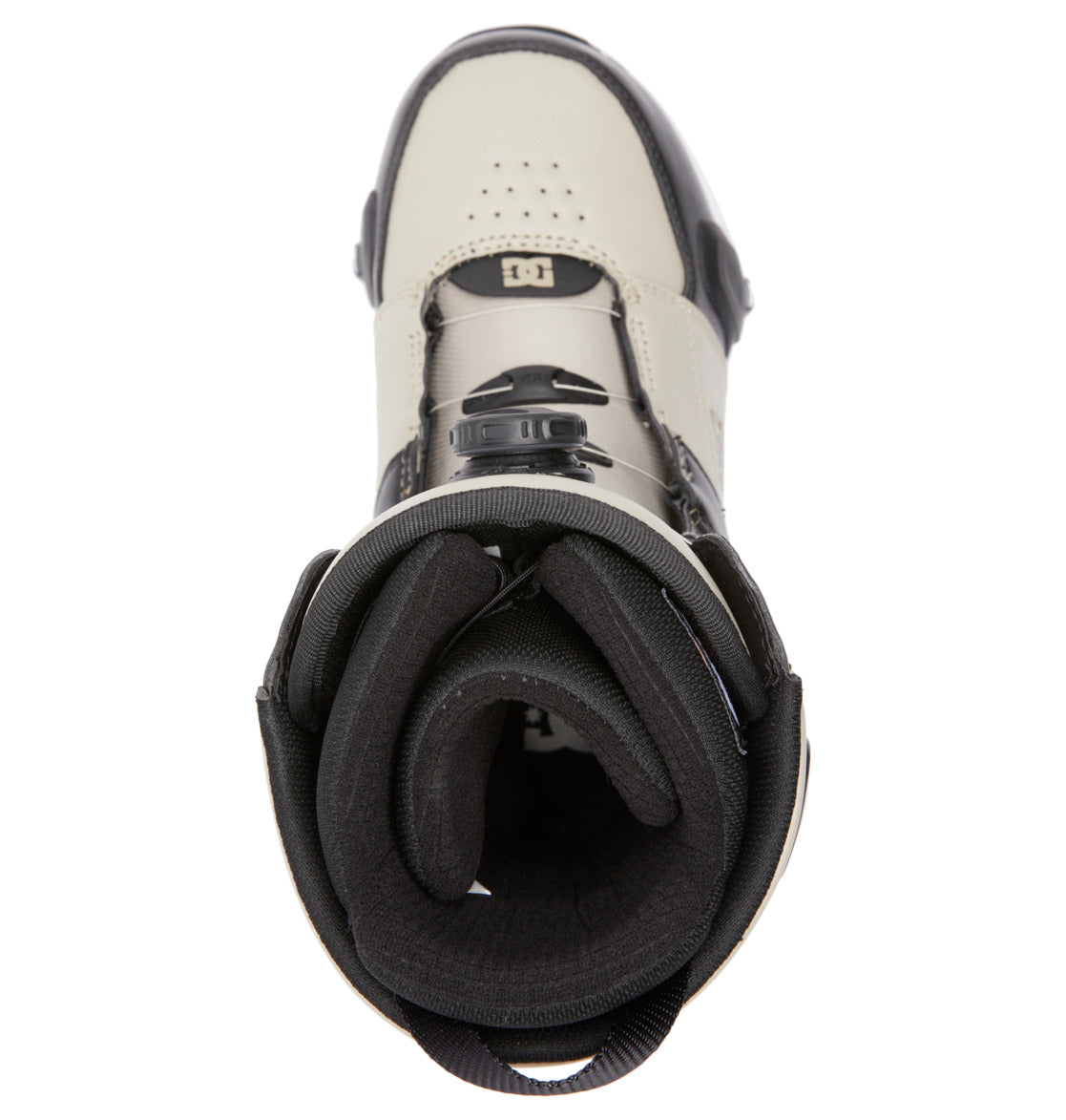 Top view of the DC Shoes Men’s Control Step On BOA® Snowboard Boots in gray and black, showcasing advanced snow boot innovation with a padded interior lining and a Dual Zone BOA® Fit System dial on the tongue for precise closure.