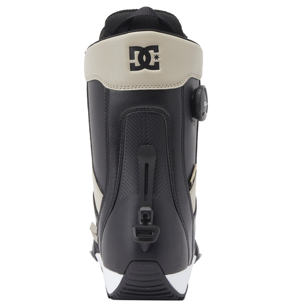 A rear view of the Men’s Control Step On BOA® Snowboard Boots by DC Shoes in black and beige, showcasing the DC logo and advanced Dual Zone BOA® Fit System for precision tightening.