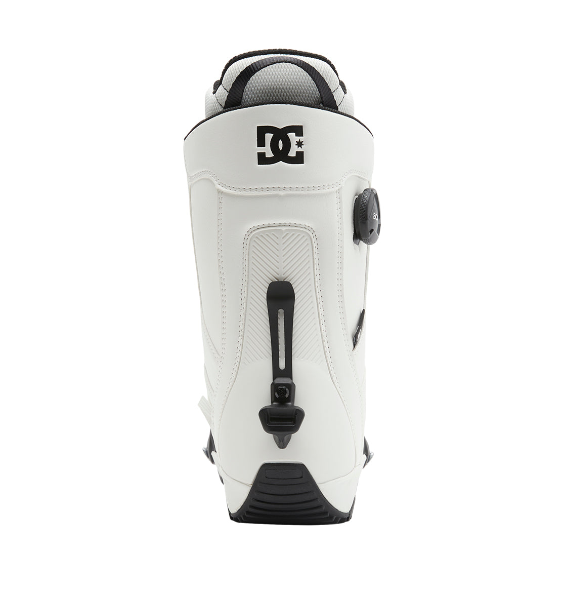 A rear view of the DC Shoes Men’s Control Step On® Snowboard Boot in white, showcasing the brand’s logo near the top, a vertical pull tab, and a black-and-white design with visible adjustment mechanisms featuring the innovative Dual Zone BOA Fit System for precise, customizable comfort.