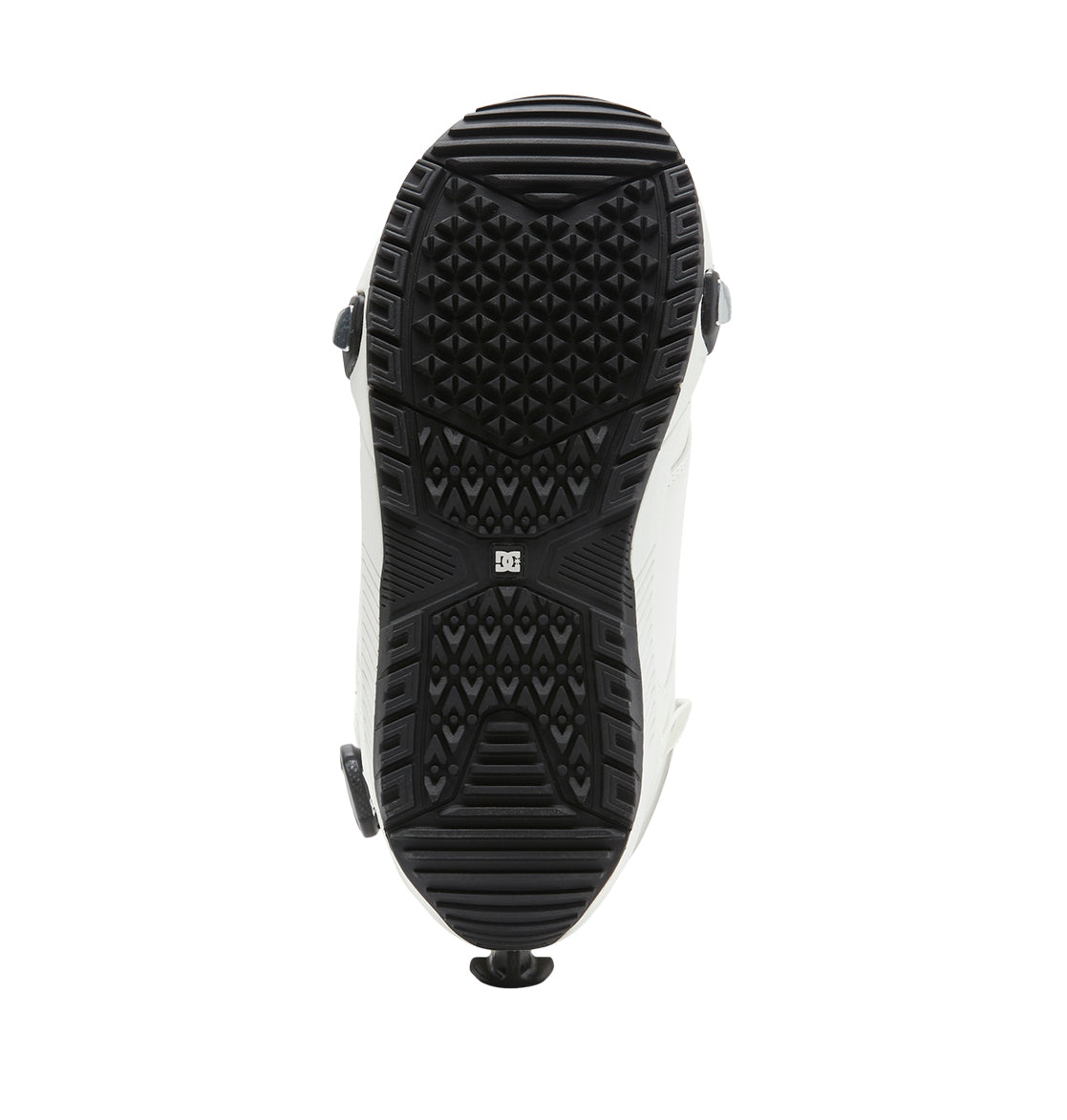 The image displays the black and white treaded sole of the DC Shoes Men’s Control Step On® Snowboard Boots, viewed from beneath, emphasizing its textured grip pattern—a testament to snow boot innovation.