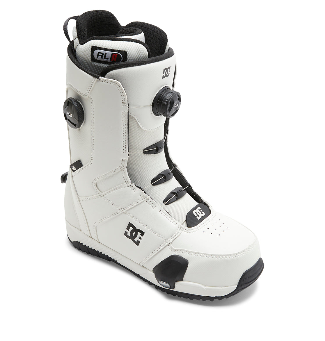 The DC Shoes Men’s Control Step On® Snowboard Boots are white with black accents and feature a Dual Zone BOA Fit System for precise adjustability, a perforated toe, padded collar, and reinforced heel and toe sections.